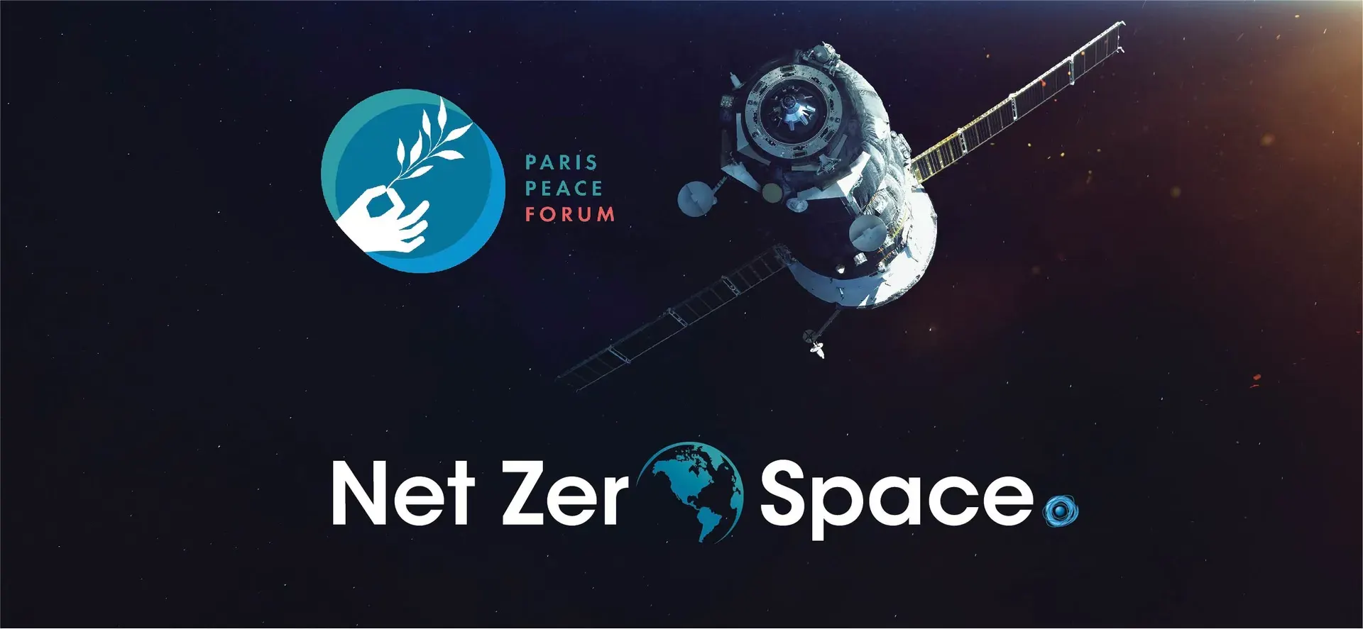 Satellite orbiting Earth alongside the Paris Peace Forum logo and Net Zero Space text against a dark space background