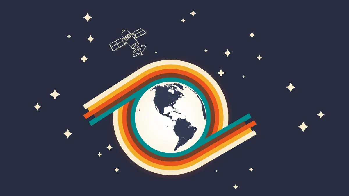 Stylized Earth with multicolor orbit bands, stars, and a small satellite for “The Digital Future: Earth”.