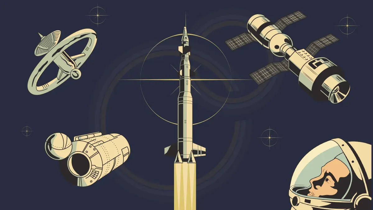 Illustrated spacecraft and satellites around a central rocket against a dark space background