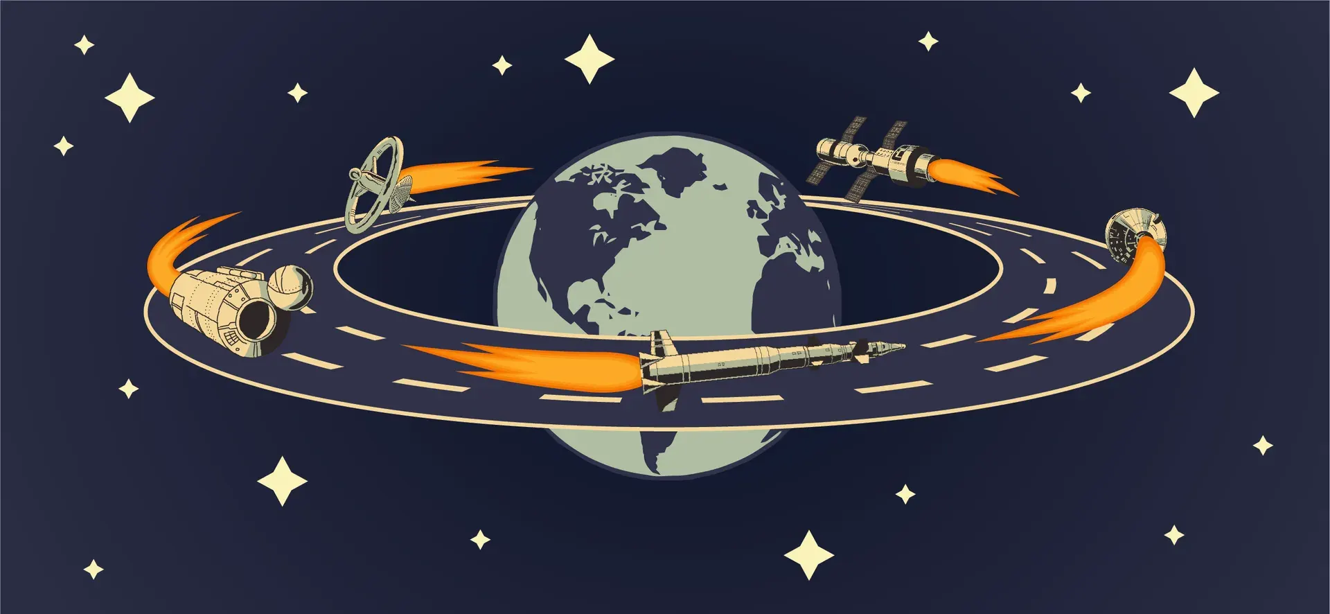 Digital illustration of Earth surrounded by a dense network of spacecraft paths against a starry background.