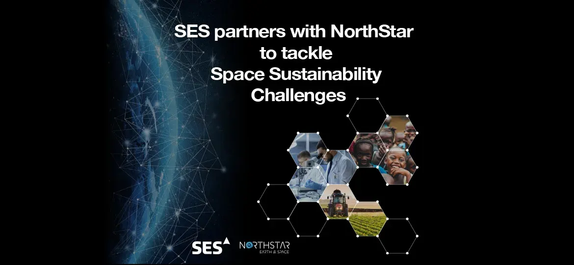 Graphic showing SES and NorthStar partnership announcement to tackle space sustainability challenges.