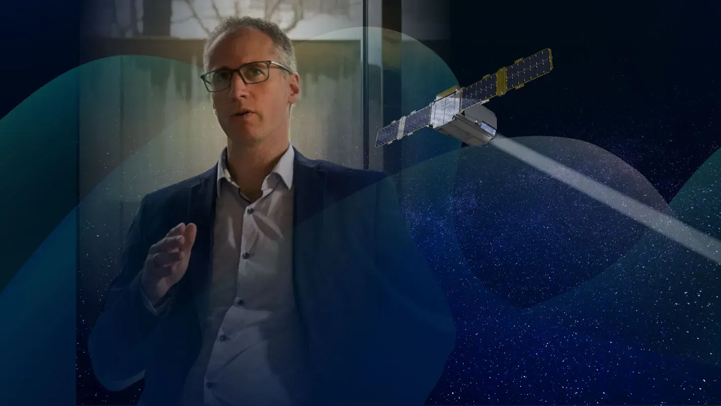 Portrait of Frederic Pelletier alongside a satellite graphic, illustrating his appointment as Chief Scientist for Space Situational Awareness.