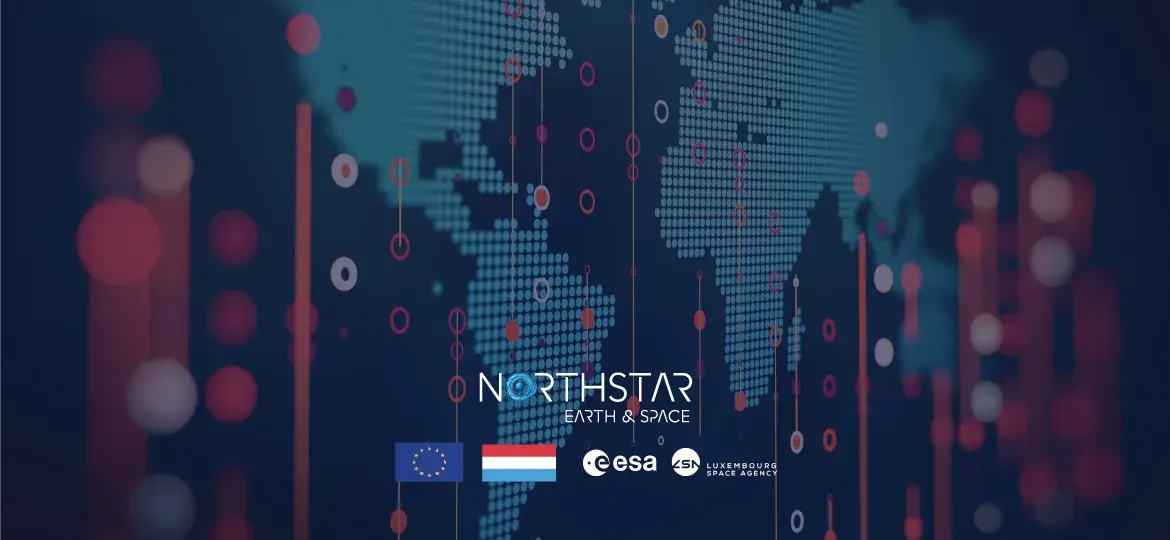 Digital world map graphic with NorthStar, ESA, EU, and Luxembourg logos representing a LuxIMPULSE contract announcement.