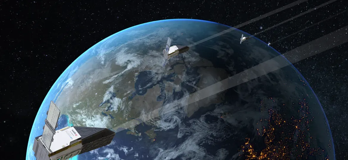Earth shown from space with multiple NorthStar satellites in orbit supporting commercial space situational awareness and object tracking