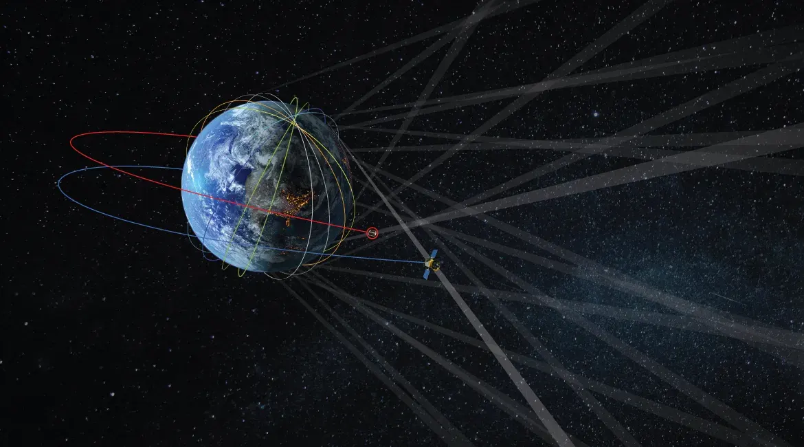 Earth with multiple orbital paths and a satellite tracking objects in space against a star-filled background.