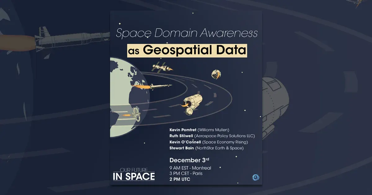 Illustrated poster titled “Space Domain Awareness as Geospatial Data” with satellites orbiting Earth.