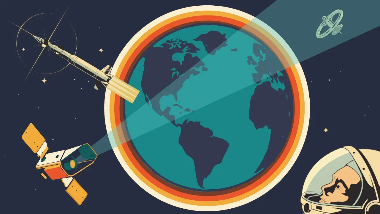 Illustration of Earth with satellites and astronaut helmet highlighting a space sustainability theme.