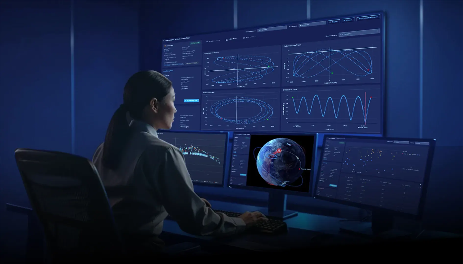 Person monitoring multiple screens displaying satellite orbits, graphs, and Earth visualization for space domain awareness