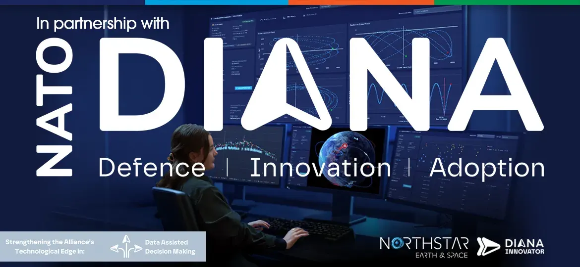 "In partnership with NATO DIANA – Defence Innovation Adoption" illustration of a space domain awareness control room with analysts monitoring orbital data.
