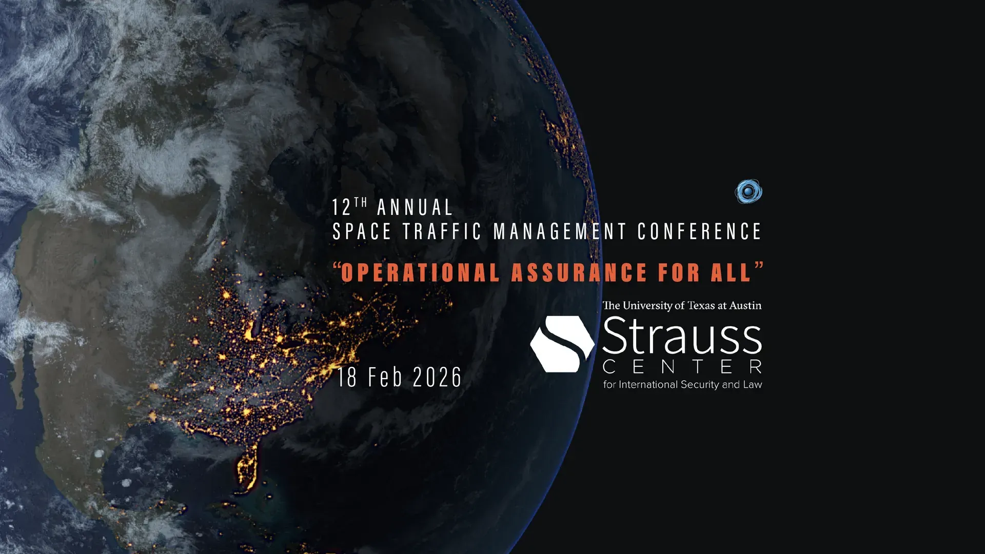 Earth shown from space with conference text for the 12th Annual Space Traffic Management Conference on operational assurance