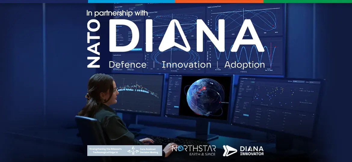 "In partnership with NATO DIANA – Defence Innovation Adoption" illustration of a space domain awareness control room with analysts monitoring orbital data.