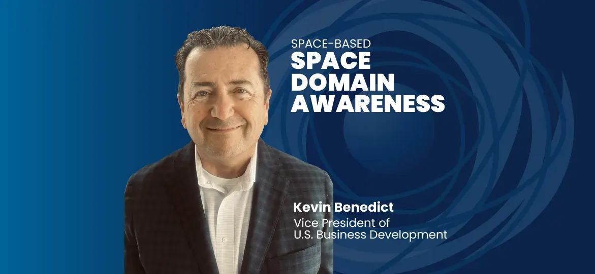 Kevin Benedict portrait in a suit, framed beside bold "Space Based Space Domain Awareness" typography.