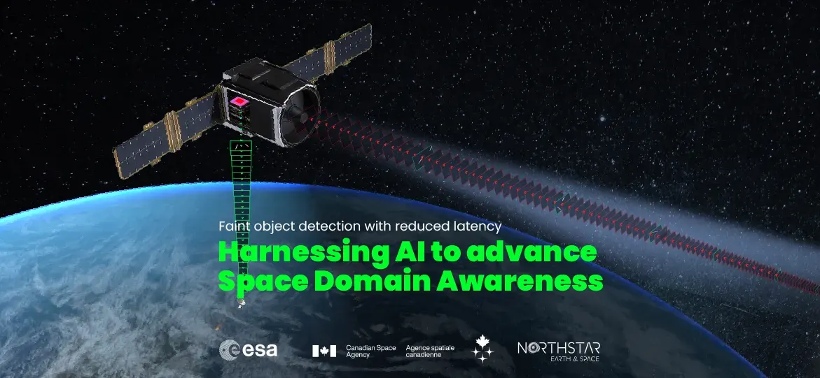 Satellite in Earth orbit with green and red light beams projecting across the planet alongside ESA and CSA logos.