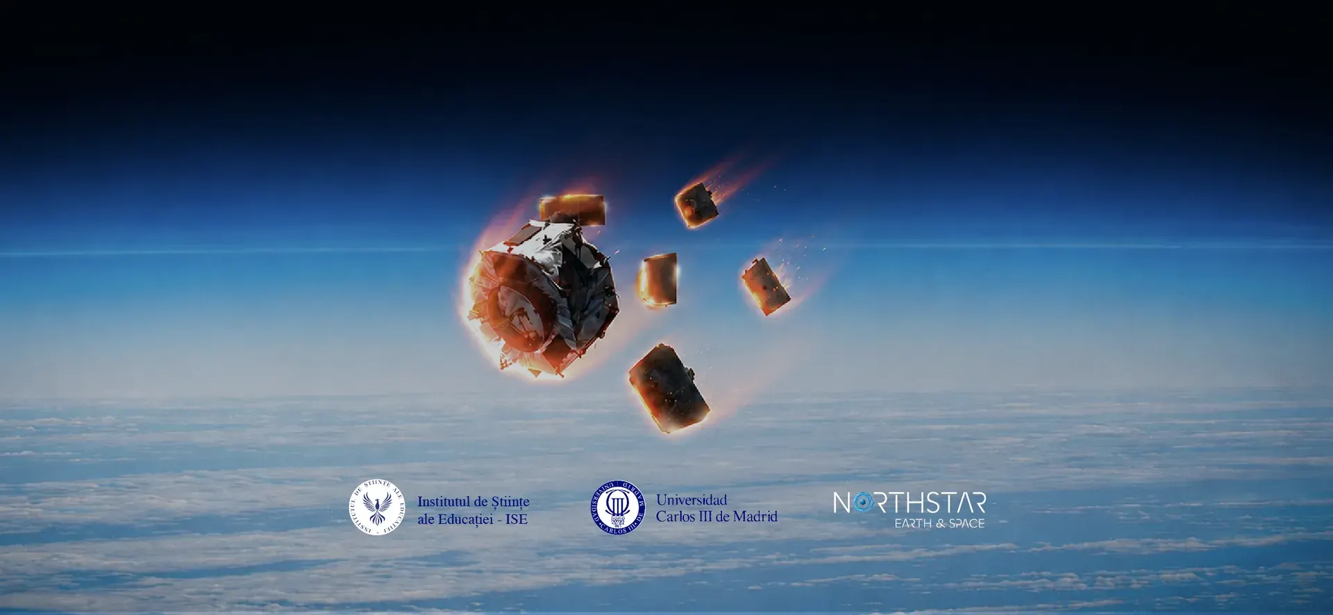 Spacecraft burning up during re-entry into Earth's upper atmosphere, flanked by consortium institutional logos.