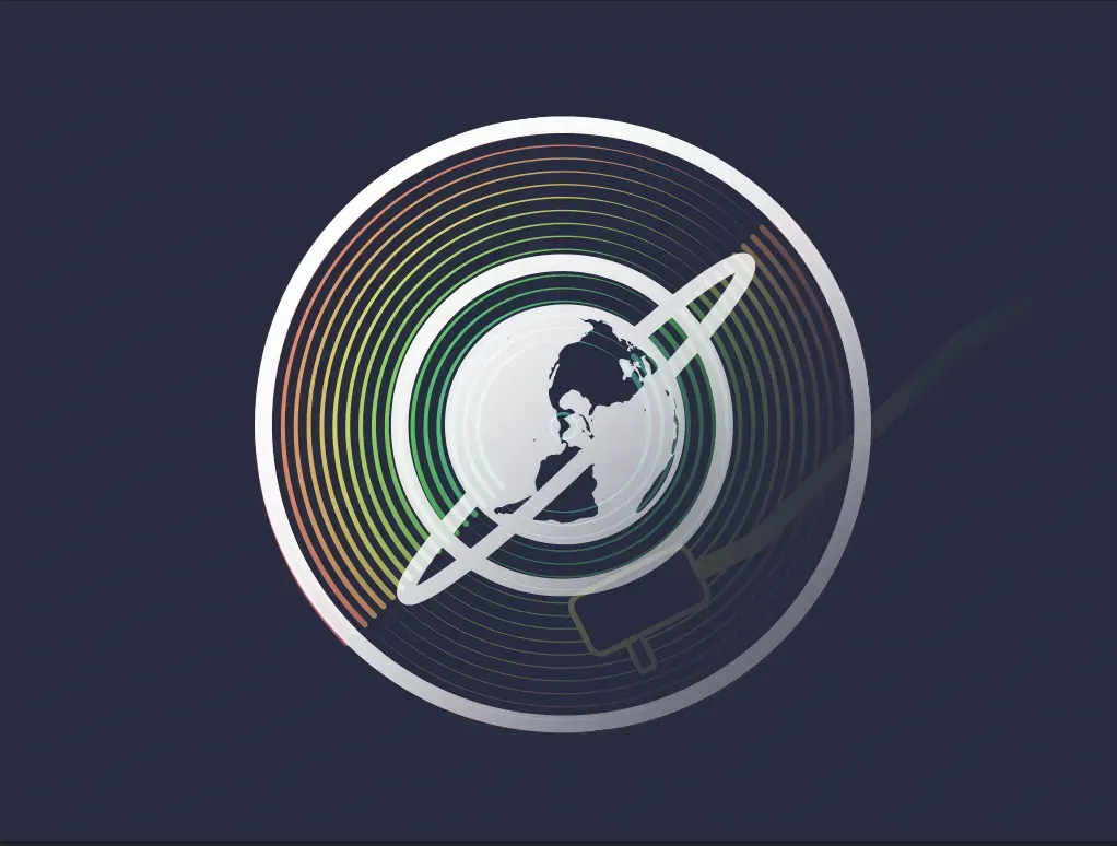 Circular Earth icon with orbit ring and radiating multicolor lines, with a satellite silhouette, for “The Digital Future: Introduction”.