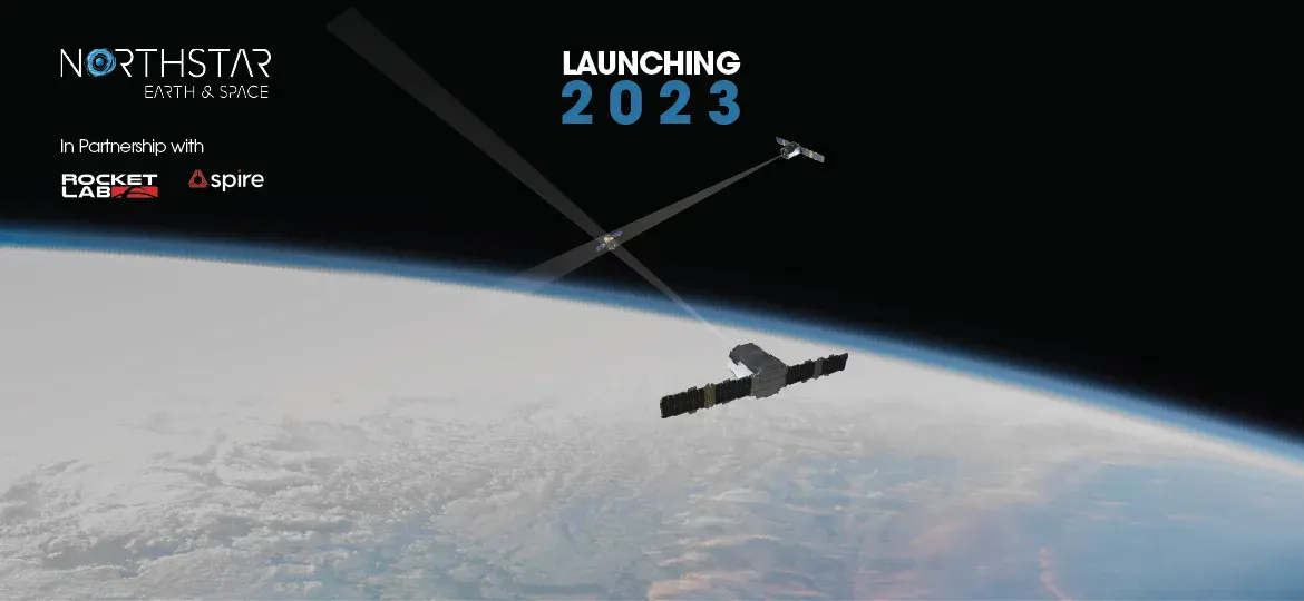 Illustration of NorthStar satellites above Earth with Rocket Lab and Spire partnership logos and text announcing a 2023 launch.