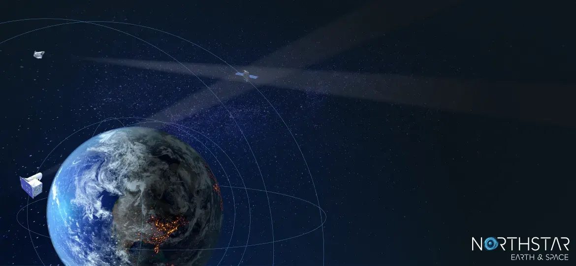 Earth with orbital paths and small satellites, with the NorthStar Earth & Space logo, illustrating Skylark SSA coverage.