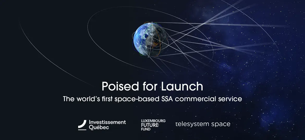Earth visualization with orbital paths and text announcing NorthStar’s commercial launch of the world’s first space-based SSA service.