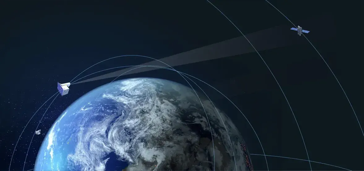Three satellites orbit Earth with curved flight paths and broad sensor beams aimed toward the planet.