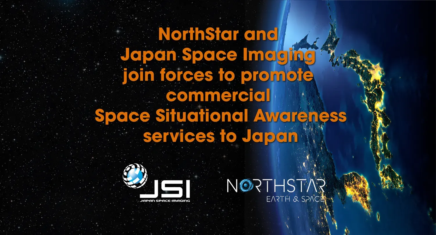 Nighttime satellite view of Japan on a global map, layered with minimalist partnership announcement branding.