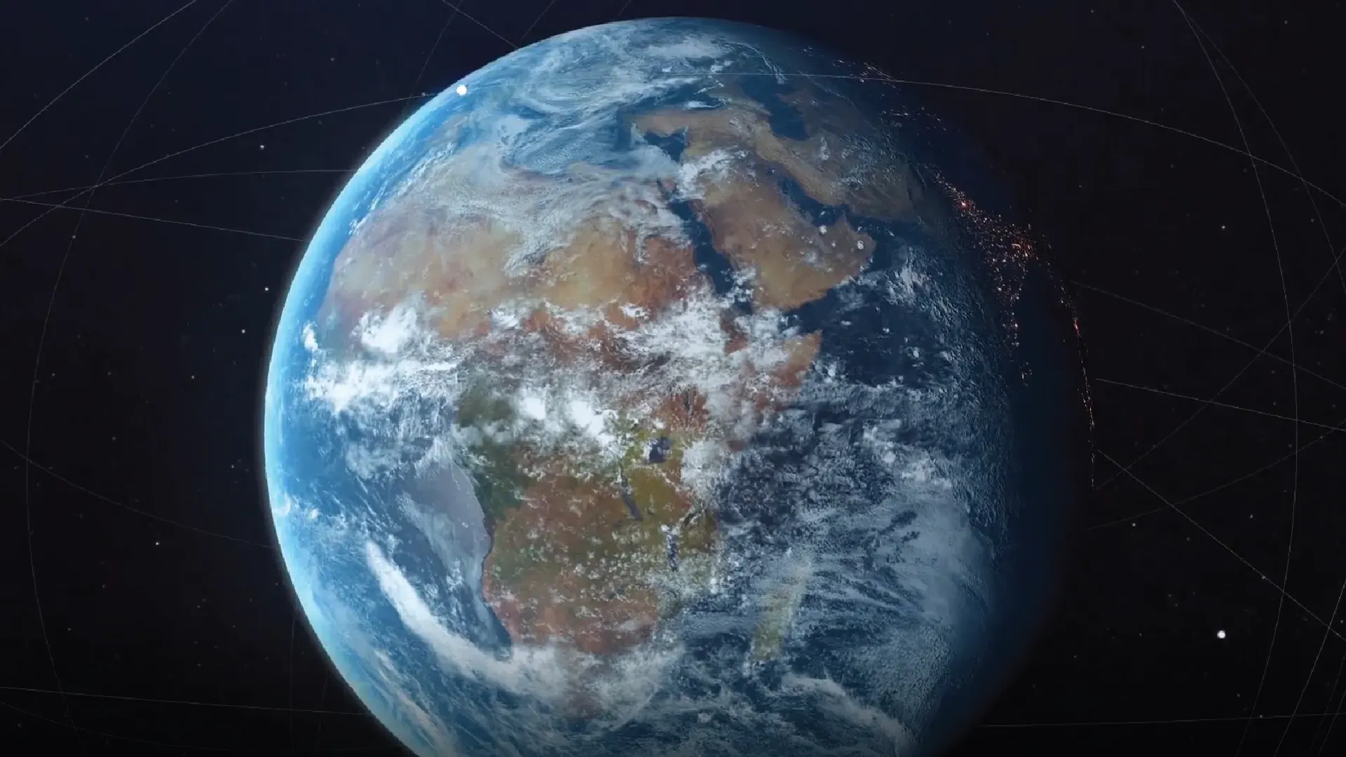 Earth from space showing continents and clouds, layered with thin orbital lines indicating satellite tracking paths.