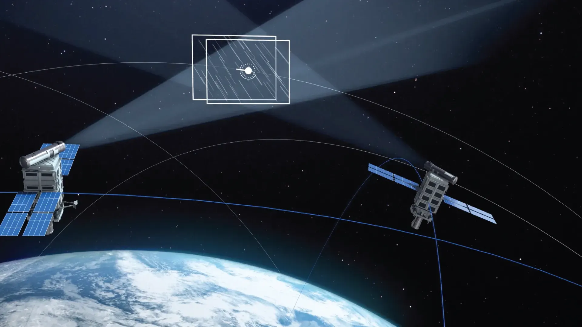 Two satellites in orbit above Earth with scanning beams illuminating a tracked object along orbital paths
