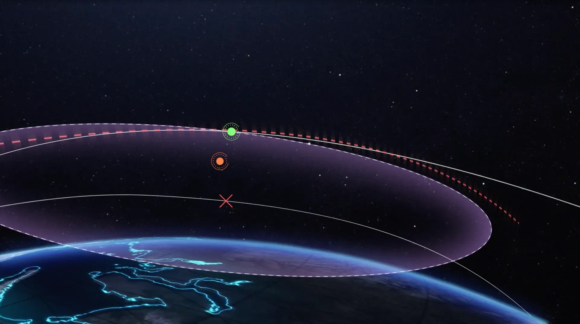 Orbital paths around Earth with markers highlighting objects and a potential collision point