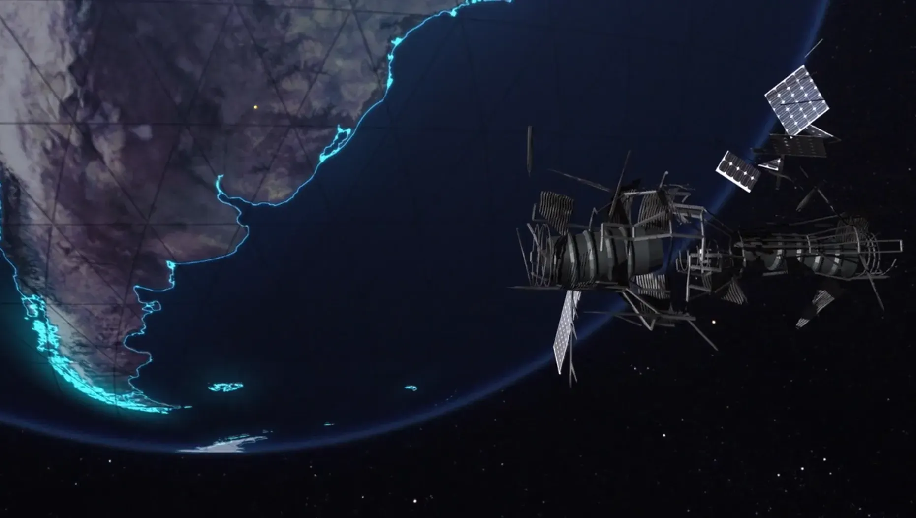 Satellite with solar panels operating in orbit above Earth with visible coastline and atmospheric glow