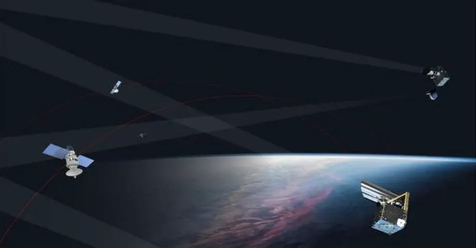 Four satellites in orbit above Earth’s horizon with overlapping sensor beams illustrating tracking and monitoring.